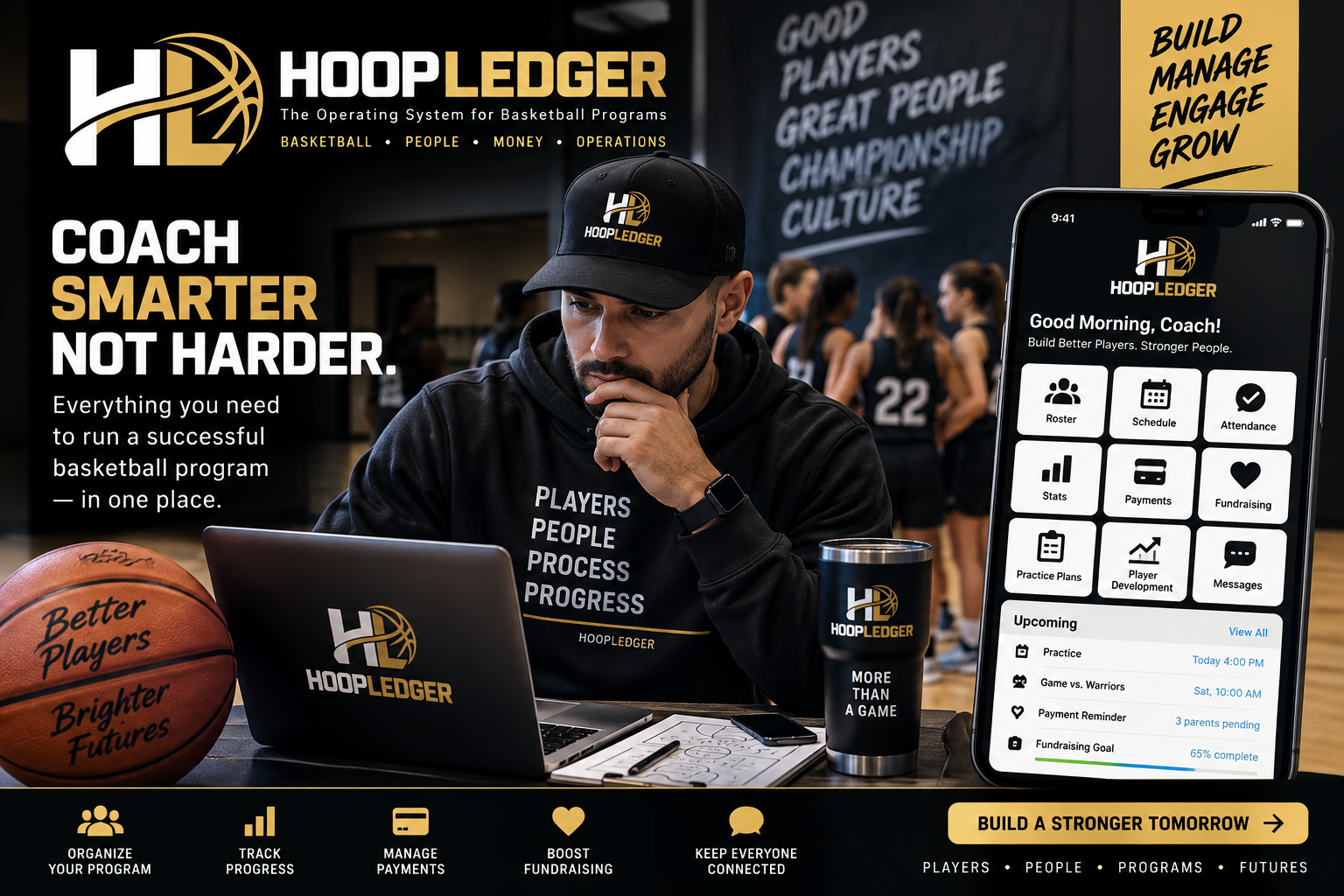 HoopLedger campaign artwork showing a coach and basketball program dashboard